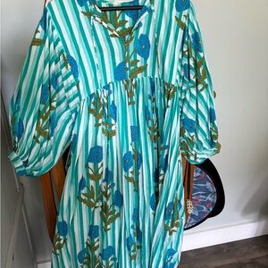 Striped Floral Dress with Blue and Green Accents